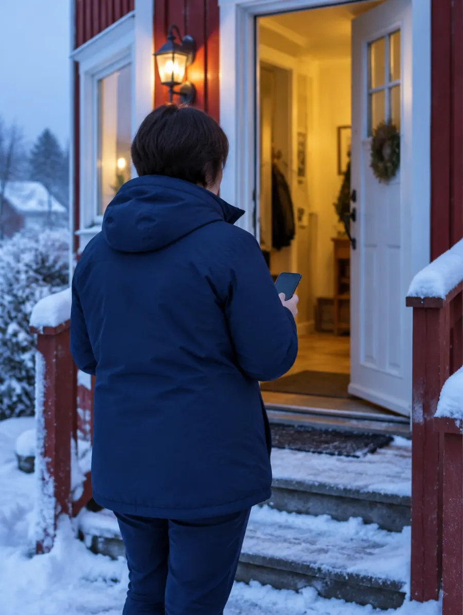 Hjemmesykepleier ved inngangsdøra til et rødt trehus en vintermorgen